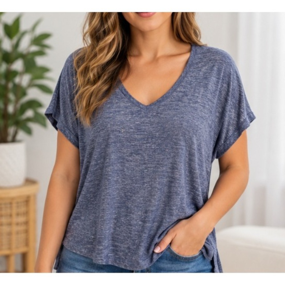 Daily Ritual Womens XXL Blue Space Dye V-Neck Relaxed Tunic Top Short Sleeve_233